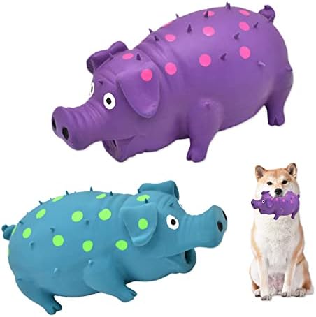 Pig Squeaky Dog Toy, 2 PCS Interactive Rubber Dog Chew Toy - Durable Latex Spot Grunting Pig Toys that Oink for Small Medium Large Dogs (Blue, Purple)
