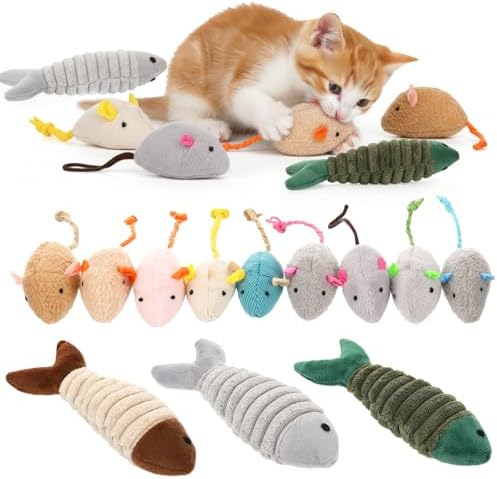 Leitee Cat Toys Bulk Plush Mice Set Fish for Indoor Kittens Puppies