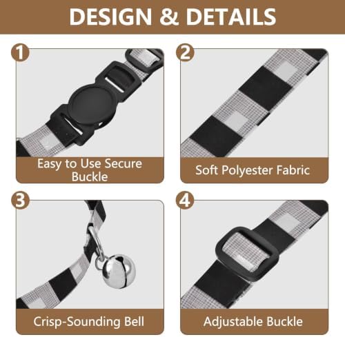 Black White Buffalo Plaid Squares Decorative Pet Collar with Bell 2 Pack Kitten Collars Adjustable Length 10.6" to 17.1"