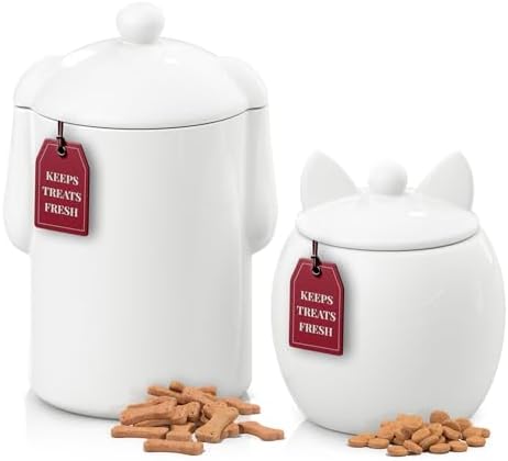 Barnyard Designs Airtight Ceramic Pet Treat Jar Set of 2 White (Dog & Cat)