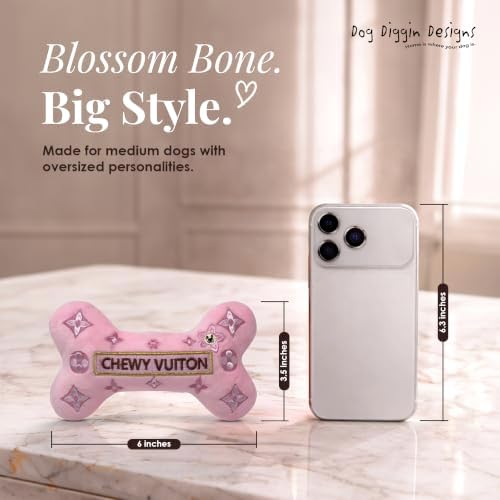 Dog Diggin Designs Chewy Vuiton Pink Blossom Plush Dog Toy Bone | Luxury-Inspired Parody Designer Bone with Squeaker, Soft Plush Chew & Play Dog Toy – Prêt-à-Porter Play!