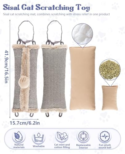 16.5" Sisal Catnip Kicker Toy for Indoor Cats,Heavy Duty Cat Scratching Pillow with 24" Bonus Rope,Washable & Refillable Catnip Toy for Aggressive Kickers,Chewing & Teething, Sisal Mat Texture (Grey)