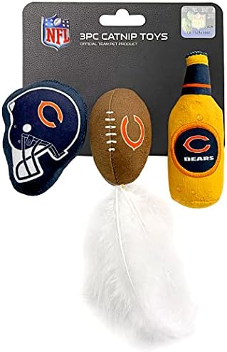 Best Plush CAT Toy - NFL Chicago Bears Complete Set of 3 piece Cat Toys Filled with Fresh Catnip. Includes: 1 Helmet Cat Toy, 1 Football Cat Toy with Feathers & 1 Beer Bottle. Beautiful Team Logos
