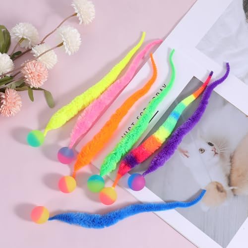 7 Pcs Cat Worm Toy with Bouncy Ball, Interactive Fuzzy Worms for Cats, Colorful Magic Worms with Tail, Cat Toys