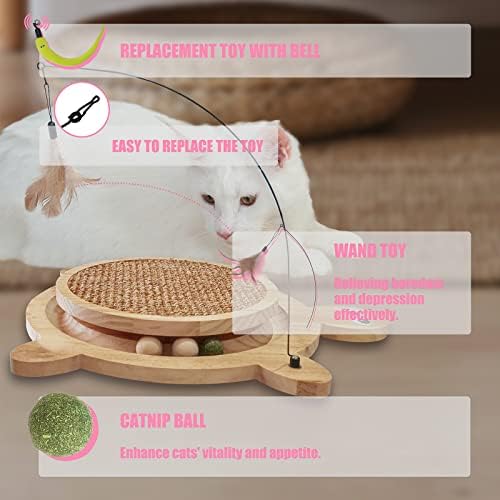 Petest Wooden Interactive Cat Toy with Ball Track & Teaser Wand – Solid Pine Wood Cat Scratcher with Natural Sisal Rope, Replaceable Toys, Turtle Design