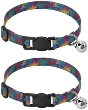 Colorful Fleur De Lis Wood Cat Bell Collar 2 Pack Kitten Collar Adjustable Length 10.6" to 17.1"