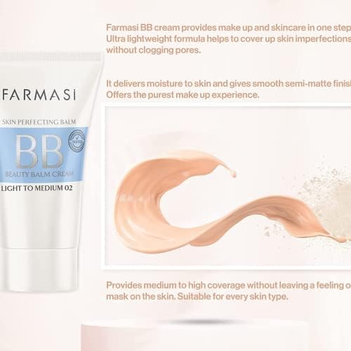 FARMASi BB Cream Beauty Balm, Tinted Moisturizer with SPF 15, Lightweight Matte Finish, Buildable Coverage Face Makeup, 1.7 fl oz, 02 Light to Medium