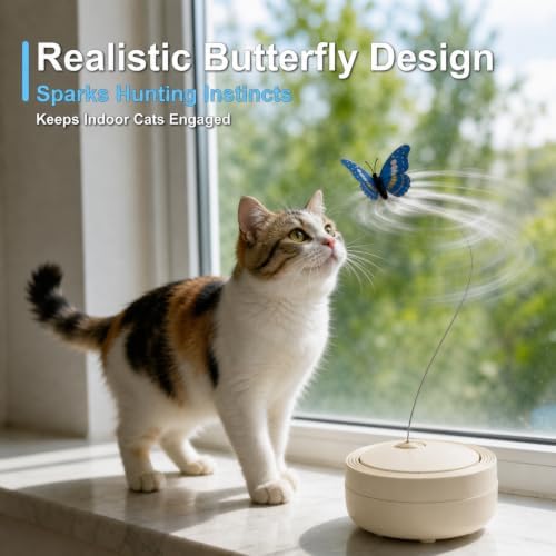 Interactive Butterfly Cat Toy for Indoor Cats, 360° Rotating Wand, Beige
