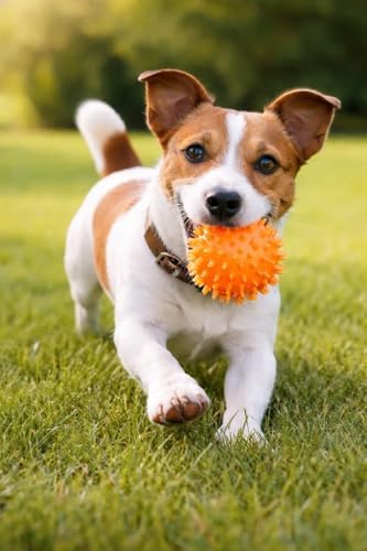 Squeaky Spiky Dog Balls for Teeth Cleaning & Gum Massage 2.5 Inch Small Medium Dogs Orange | Spiny TPR Rubber Chew Toys for Fetch Play Interactive Bouncy Dental Balls BPA Free Nontoxic Floats - 3 Pack