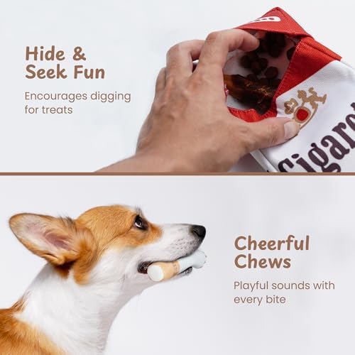 Doggy Cigs Funny Dog Toys - Squeaky Hide and Seek Treat Hiding Burrow Toy for Small Medium Breed, Stimulating Entertainment Enrichment Activity