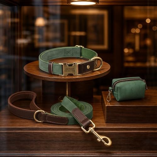 Personalized PU Leather Dog Collars,Quick Release Buckle,Green,L
