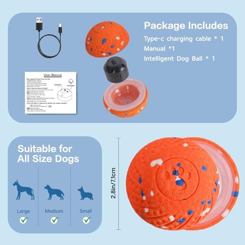 Interactive Dog Ball, Smart Moving Dog Toy with Colorful Lights, 3 Interactive Modes and TPU Material, Bouncing Ball for Dogs to Keep Them Entertained