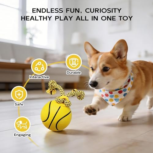 Pet Prime Interactive Dog Ball Toy with Rope,Rechargeable Automatic Rolling Ball with Motion Activated,3 Play Modes for Medium/Large Dogs, Self-Moving Toy to Keep Pets Busy and Entertained Yellow