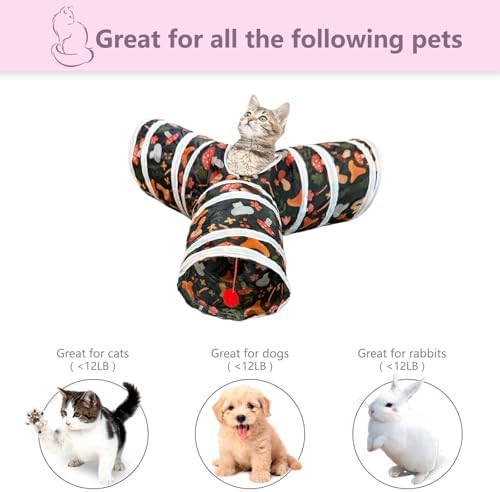 3 Way Cat Tunnel Collapsible Fun Pet Play Tube Toys for Cats, Kittens, Puppies & Rabbits - Portable Tunnel with Hanging Ball for Indoor Play, Hideout & Exercise