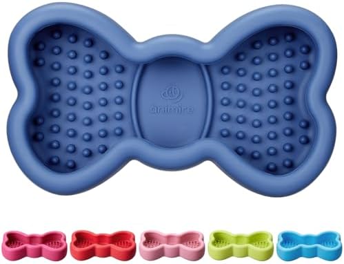 Lick Mat for Dogs, Animire Anti-Spilled Bow Tie Lick Bowls for Anxiety Relief, Silicone Slow Feeder Licking Pad with Suction Cups, Freezeable Dog Enrichment Toy for Boredom(Dark Blue,L)