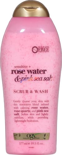 OGX Sensitive + Rose Water & Pink Sea Salt Exfoliating Body Scrub + Rose Quartz,Gentle Exfoliating Daily Body Wash Softens Skin,Body-Scrub for Women,Sulfate-Free Surfactants,19.5 fl oz,(Pack of 4)