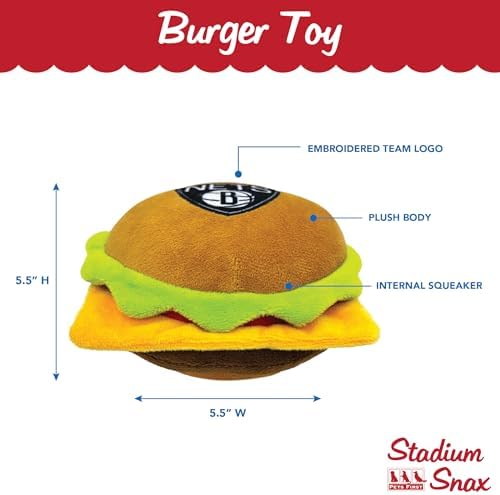Pets First NBA Brooklyn Nets Cheese Burger Plush Dog & CAT Squeak Toy - Cutest Stadium HAMBERGER Snack Plush Toy for Dogs & Cats with Inner Squeaker & Beautiful Basketball Team Name/Logo, Team Color