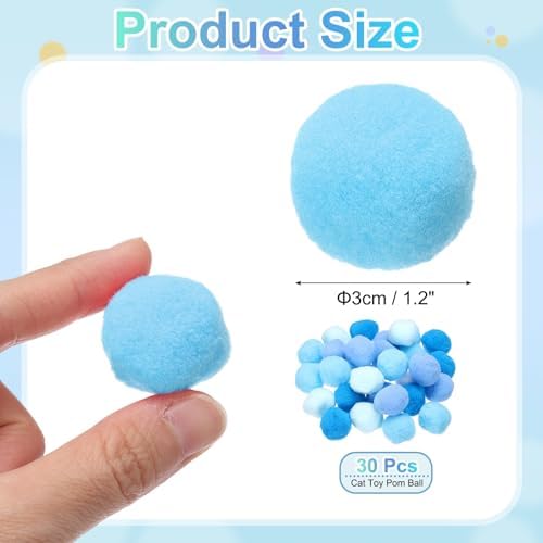 Cat Toy Pom Ball, Interactive Cat Ball Toys Fuzzy Pompoms (Plush, 1.2Inch, 30Pcs, Blue Tones) for Kittens Pet Enrichment Training Play Indoor