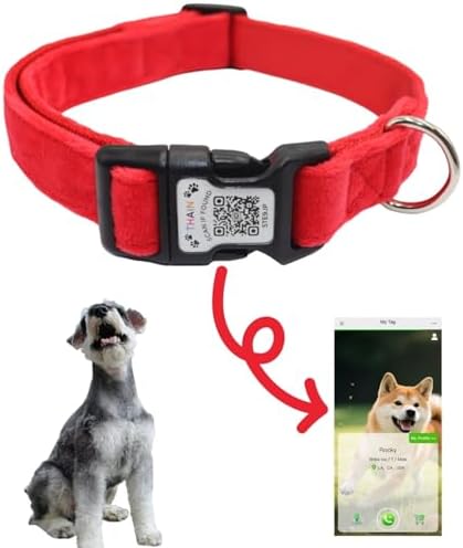 THAIN Smart QR Code Dog Collar-Nylon & Velvet Pet Collar with Unique ID Registration, Adjustable Plastic Buckle for Medium Dogs–Black, Red, Pink, Yellow (Red, M)