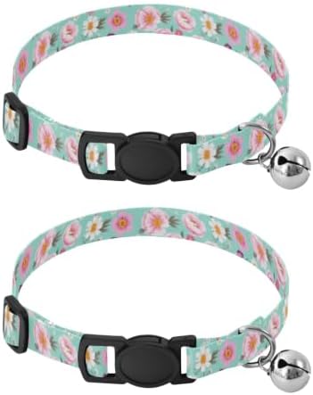 Pastel Flowers Small Dog Collar with Bell 2 Pack Cats Collar Adjustable 10.6 to 17.1 Inches