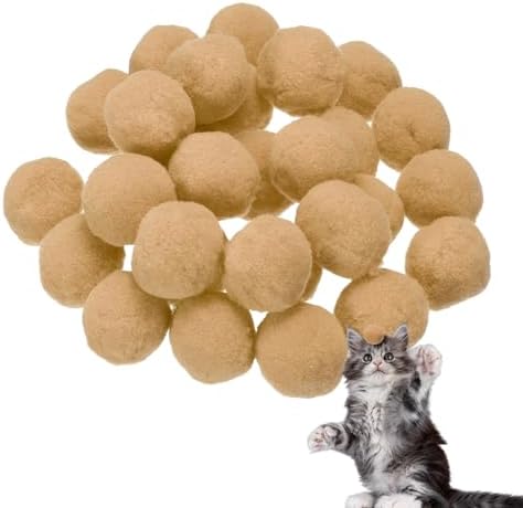 Cat Toy Pom Ball, Interactive Cat Ball Toys Fuzzy Pompoms (Plush, 1.2Inch, 30Pcs, Khaki) for Kittens Pet Enrichment Training Play Indoor