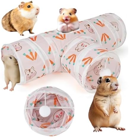 Tunnels with 3-Way Entrance - Cozy, Washable Guinea Pig Hideout - Interactive Cage Toys (Pink Hamsters)