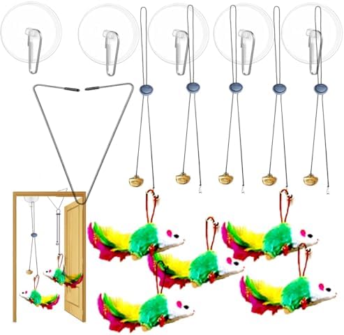 Door Hanging Suction Cup Cat Toy with Bell, Interactive Plush Mouse Teaser, Replaceable Refill Hanging Kitten Toy for Indoor Cat Hunting Exercise & Boredom Relief