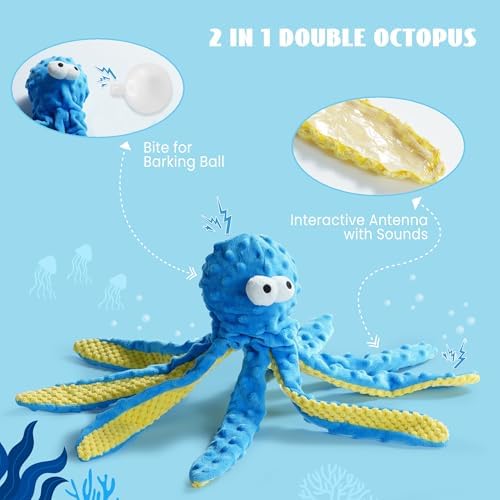 Nocciola Crinkle Squeaky Blue Octopus Dog Toy - Ocean Theme Stuffed Interactive Rope Toys for Small, Medium & Large Dogs - Durable for Aggressive Chewers (Shell)