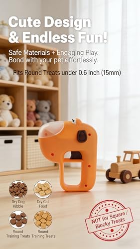 Interactive Dog Treat Launcher, Pet Food Catapult for Training & Enrichment, Portable Treat Shooter Toy for Puppy & Cat, Fits Round Dry Kibble, No Batteries Required (Orange)