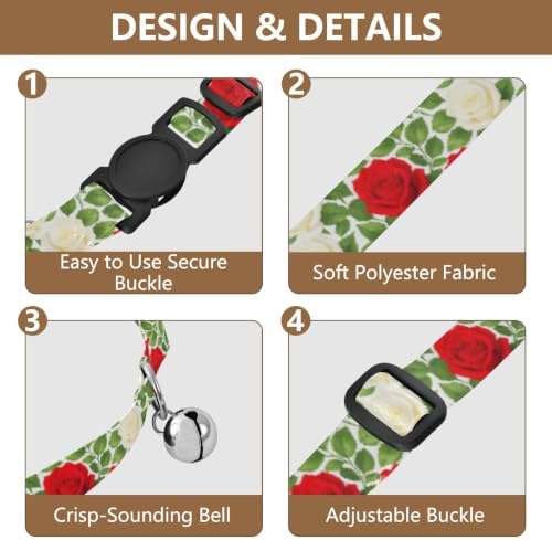 2 Pack Pet Collars Red White Roses Green Leaf Cat Collar with Bell, Adjustable Length 10.6" to 17.1"