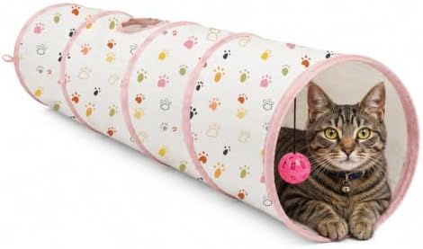 ASPCA Cat Tunnel with Rattle Toy – Interactive Collapsible Cat Tunnel for Indoor Cats, Crinkle Play Tunnel with Hanging Rattle Toy, Encourages Hiding, Chasing, Pouncing & Active Play, Paw Printed