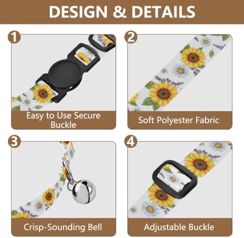 Sunflowers Kitten Bell Collar 2 Pack Dog Collar Adjustable Length 10.6" to 17.1"