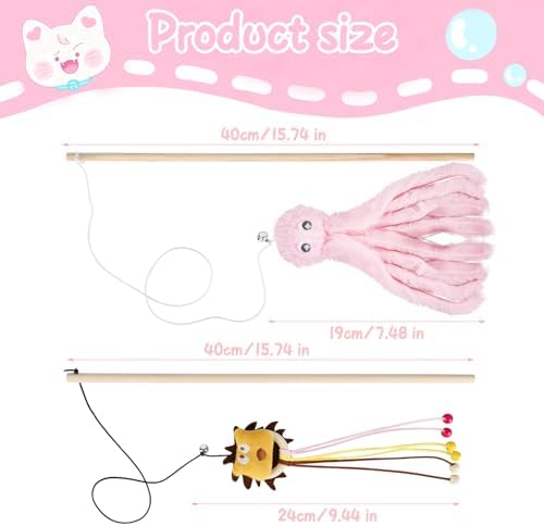 2-Pack Cat Toy Wand Set: Interactive Cat Teaser Wands with Bells and Streamers to Engage Your Cat’s Natural Instincts (Dog and Octopus)
