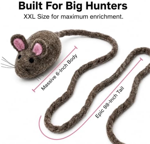 Glaciart One XXL Felt Mouse Cat Toy – 6” Body + 98” Tail – Large Cat Enrichment Toy – 100% Natural Wool with Catnip – Interactive Teaser for Big Cats – Safe Non-AZO Dyes