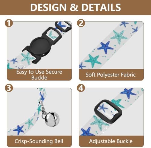 Blue Teal Starfish Collars for Cats, 2 Pack Decorative Pet Collar with Bell