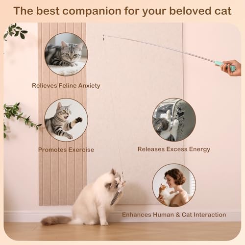 Cat Wand Toy – Retractable Wand with 4 Feather Toy Refills for Indoor Cats Enrichment, Interactive Cat Toy for Bored Adult Cats and High-Energy Kittens (HuntMaster)