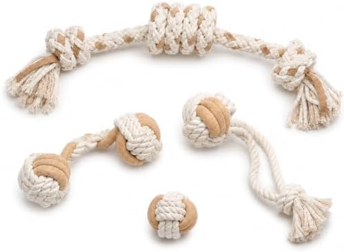 4-Pack Dog Rope Toys for Small to Medium Dogs - Variety Set of Natural Cotton Interactive Toys for Puppies - Includes 18" Long Tug Rope with Handle, Knot Ball & Figure-8 - [Not for Aggressive Chewers]
