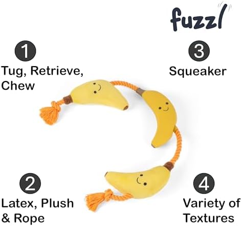 Fuzzl Tugga Bananas Dog Toy 75cm - Rope Latex and Plush Dog and Puppy Throw Fetch and Tug with Squeaker