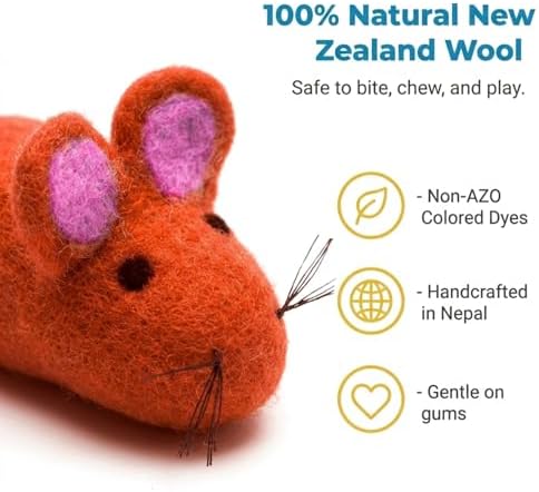 Glaciart One Felt Mouse Cat Toy – Soft Fuzzy Enrichment 100% Natural Wool - Interactive Catnip Play Cat Toy Set - Safe for Pets, Non-AZO Colored Dyes - 100” Long