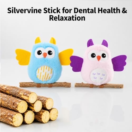 DODODOLA 2 PCS Interactive Cat Toys for Indoor Cats Owl Kitten Toys with 100% Pure Organic Catnip and Movable Silvervine Sticks Kittens Kitty Anxiety Relief Soft Cute Teething Chew Toys (Blue+Pink)