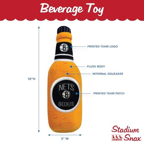 Pets First NBA Brooklyn Nets Beer Bottle Plush Dog & CAT Squeak Toy - Cutest Stadium SODA Bottle Snack Plush Toy for Dogs & Cats with Inner Squeaker & Beautiful Basketball Team Name/Logo