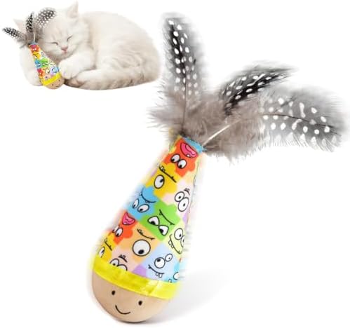 Wooden Interactive Cat Toy, Natural Beechwood Self‑Righting Weeble Toy with Colorful Feathers,Fluffy Plush Wooden Tumbler for Bored Adult Indoor Cats Silent Self Play Cat Enrichment Toy