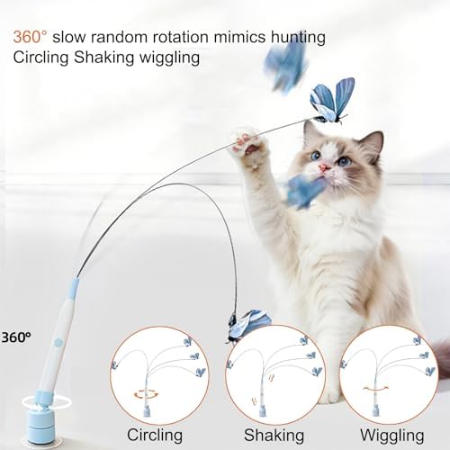 Interactive Cat Toys for Indoor Cats, Upgraded 360° Automatic Spin Butterfly, USB Rechargeable Electric Cat Teaser with Strong Suction Base, Enrichment Toy for Bored Cats (Blue)