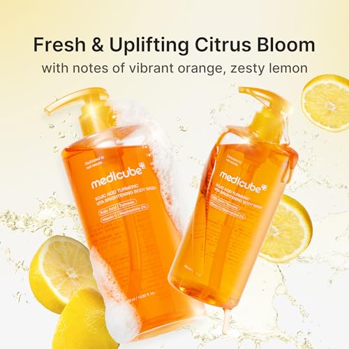 medicube Kojic Acid Brightening Body Care Duo: Turmeric Body Peel Shot and Kojic Acid Body Wash | For Brightening, Exfoliating with Citrus Scent for Fresh Shower Routine