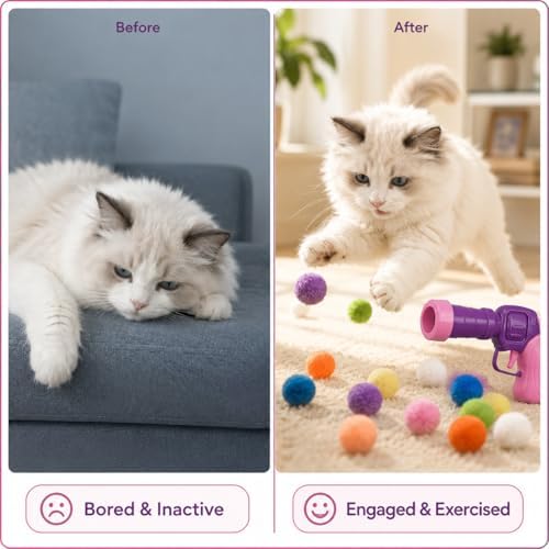 Cat Fetch Toy Launcher with 50 Colorful Pom Pom Balls, Cat Balls Fetch Toy Interactive Manual Thrower for Cats, Funny Cat Toy Gun for Bored Indoor, Pink and Purple (13 cm)