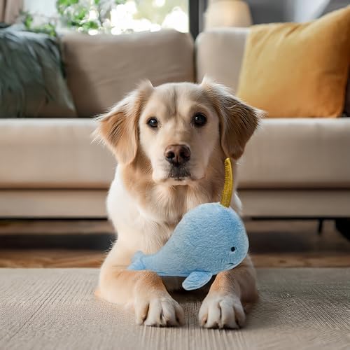 Narwhal Dog Toy w/ Squeaker | Whale Dog Toy | Squeaky Plush Narwhal | Whale Stuffed Squeaky Chew Dogs Toys | Realistic Animal Dogs Toys | Interactive Squeaky Whales | Small/Medium Breed | Blue | 8"