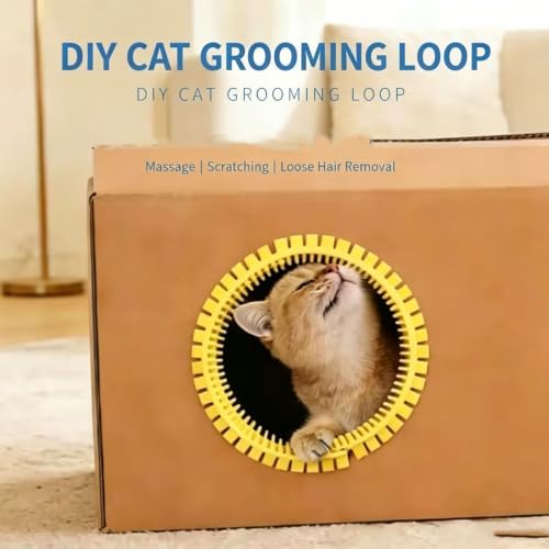 3-Pack Cat Self Groomer for Cardboard Box, Scratch Brushes with Box, Interactive Cat Arch Self Groomer with Scratching Pad, DIY Grooming Brush Ring, Hideouts & Enrichment Play (Purple Pink Yellow)