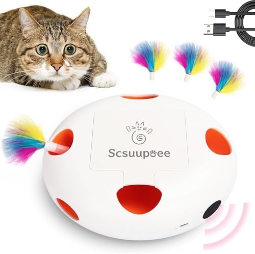 Cat Toys, Rechargeable Interactive Cat Toy, Smart Sensor Pop-Up Feather Toy with 7 Holes, USB Powered Automatic Kitten Toy for Indoor Cats, White