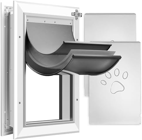 [Petoasis] 3-Flaps Heavy-Duty Dog Door, Rust Proof Aluminum Alloy Frame | Energy-Efficient,Thick Flaps Block Wind Snow Rain Intrusion in Extreme Weather (Silvery White, Large for Door)