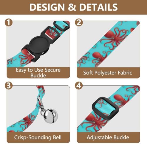 Red Octopuses Aqua Lightweight Pet Collar for Cats and Dogs, 2 Pack Dog Collar with Bell